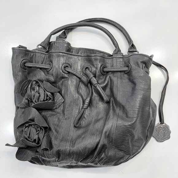 Vince Camuto Black Leather Shoulder Bag Purse with Flowers Leather+Jaquard - Picture 1 of 11